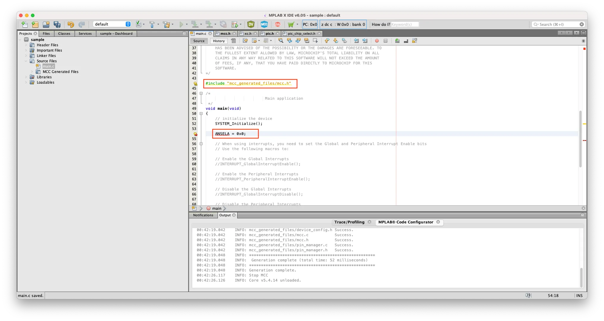 PIC16F1827に存在するレジスタANSELAの記載に関してエラーが発生 unable to resolve identifier